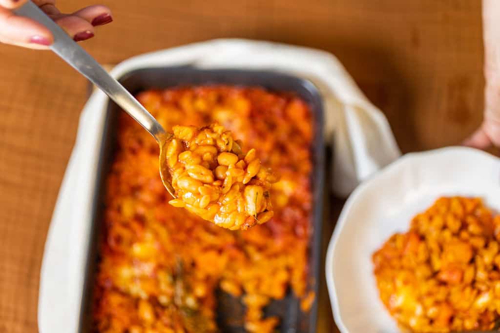 Rizsszemtészta sütőtökkel és sült babbal